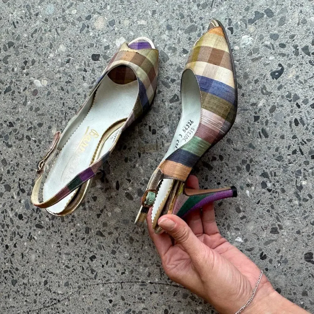 Vintage Barnettos women’s 5 Colorful Plaid Slingback Heels soles curling up